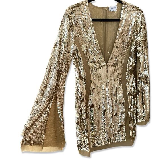 Lovers And Friends Lux Dress Gold Sequin Cocktail Mini Sheer Panel Revolve Sz XS - Picture 4 of 15
